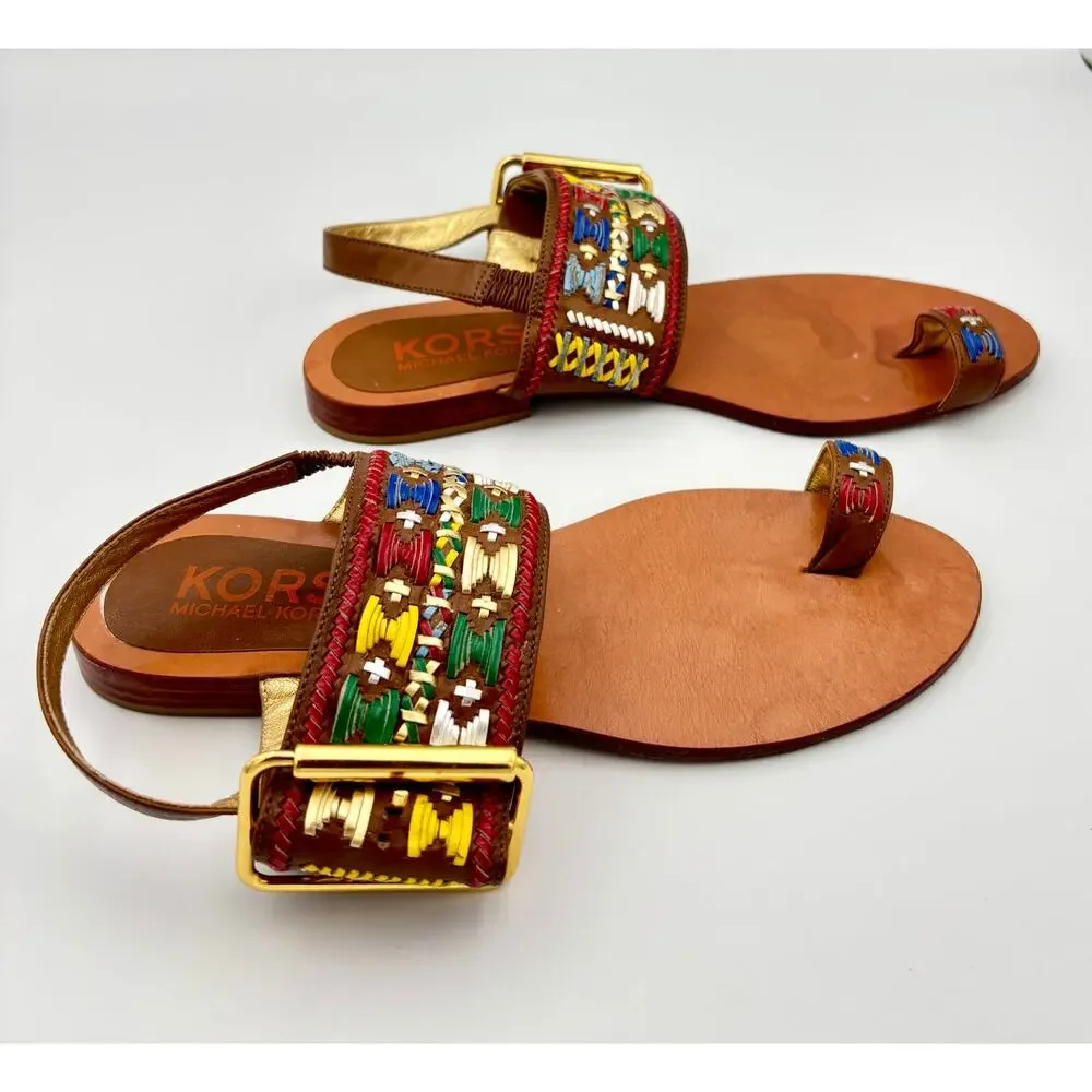 Michael Kors Woven Multicolor Leather Sandals Boho Slingback Toe Loop Size 8 - Picture 10 of 10